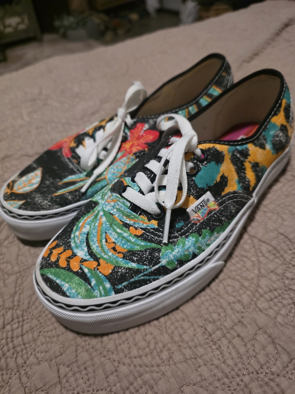 Vans Black Canvas Sneakers with Teal, Orange and Green Tropical Print
